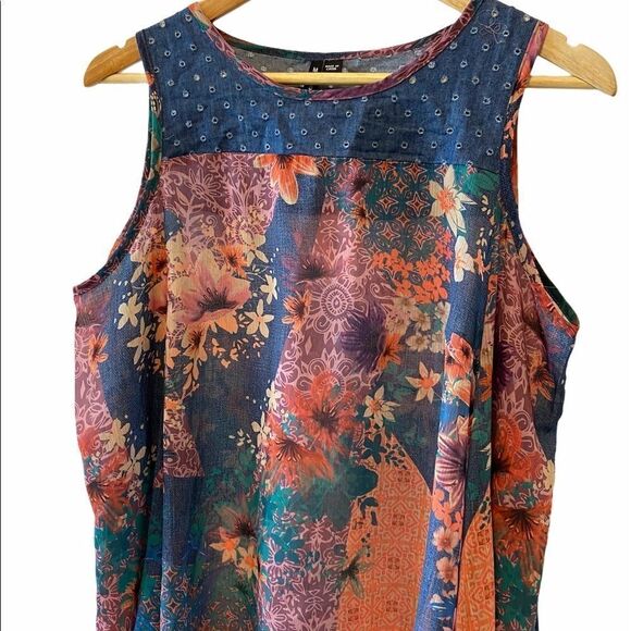 Boho Cold Shoulder Sleeved Floral & Denim Top S - Picture 4 of 8